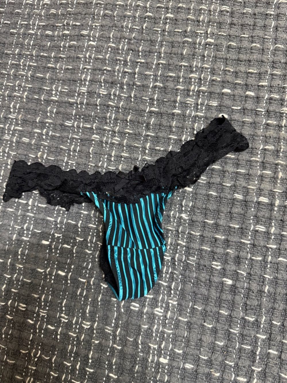 Lace-Trim Teal Striped Thong